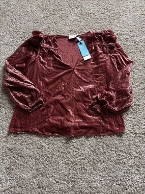 Tanya Taylor Velvet V-Neck Puff Sleeve Top - Wine